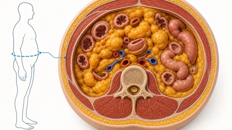 Anatomical cross-section through the abdomen showing visceral fat around the organs