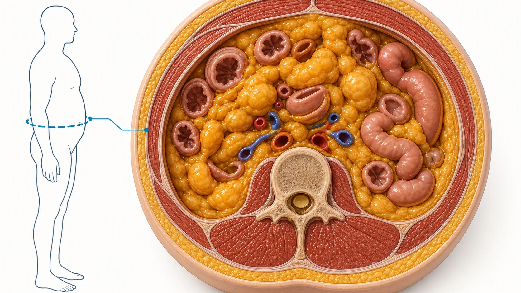 Anatomical cross-section through the abdomen showing visceral fat around the organs