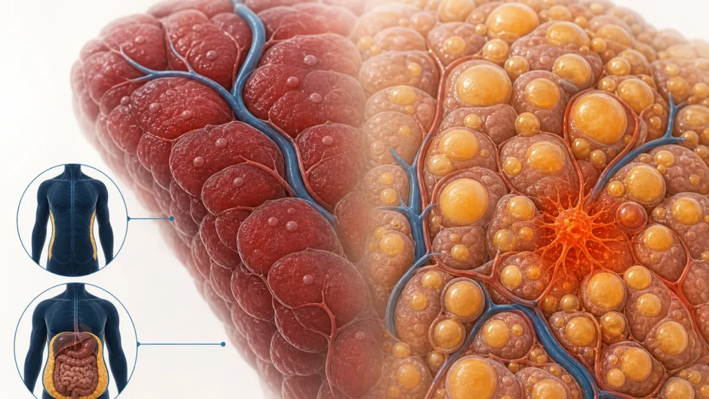 Liver tissue: healthy tissue compared with tissue loaded with fat droplets
