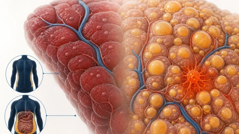 Liver tissue: healthy tissue compared with tissue loaded with fat droplets