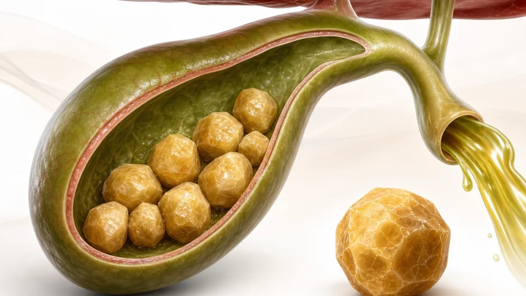 Gallbladder cut open with cholesterol gallstones inside