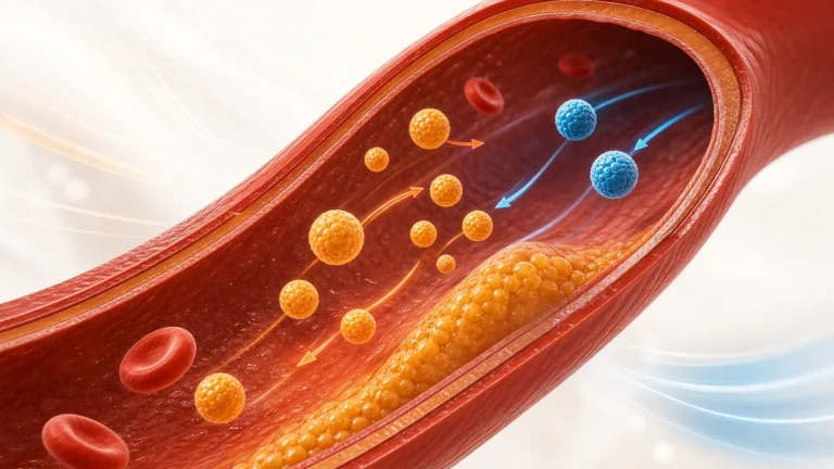 Cross-section of an artery with LDL and HDL particles and plaque on the inner wall