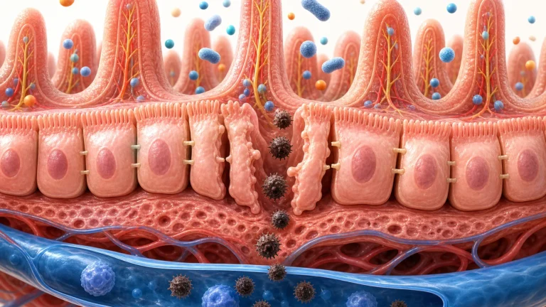 Intestinal wall with villi and loosened tight junctions between the cells