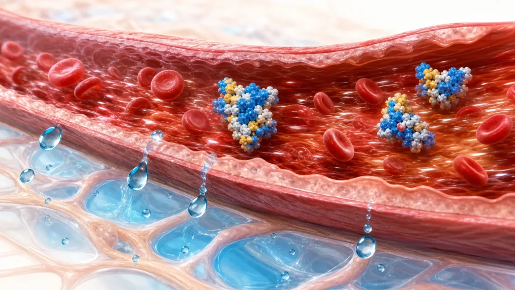 Blood vessel under pressure with fluid retention in the surrounding tissue