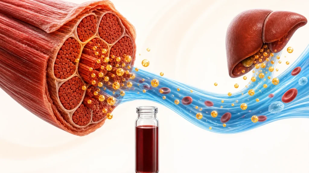 Skeletal muscle and liver both releasing enzymes into the bloodstream, beside a blood sample vial