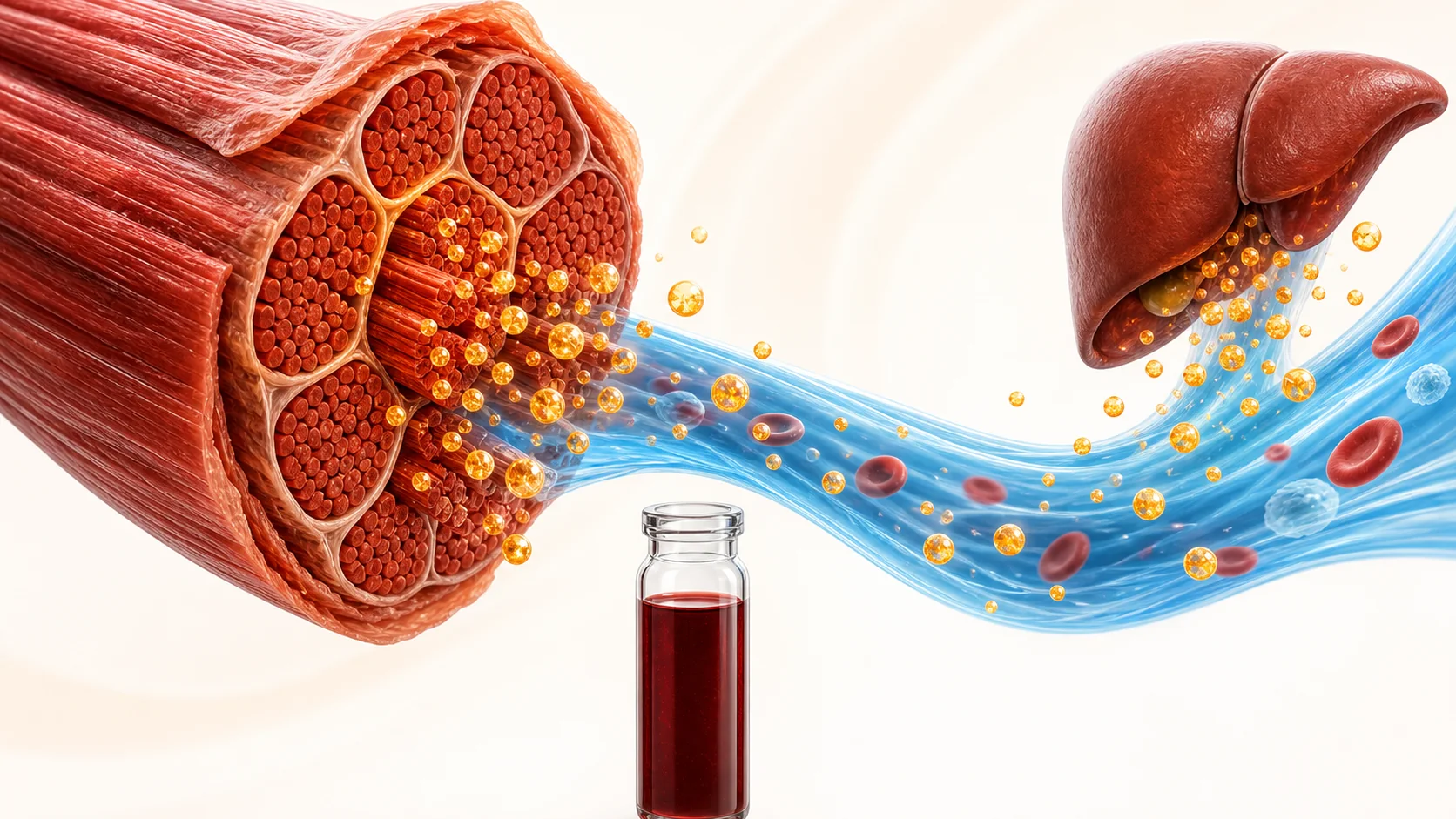 Skeletal muscle and liver both releasing enzymes into the bloodstream, beside a blood sample vial