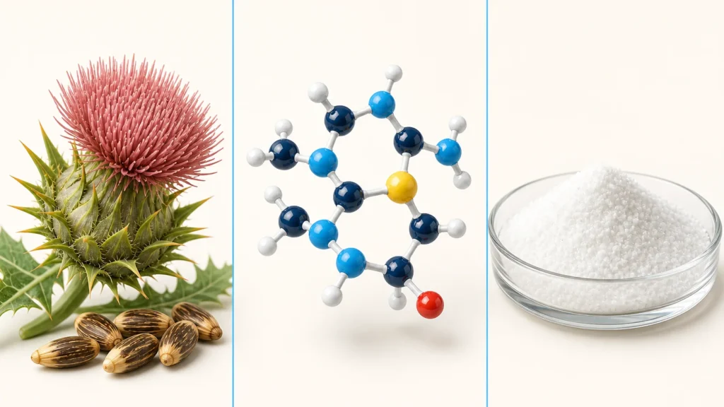 Milk thistle, a molecular model and crystalline powder shown side by side