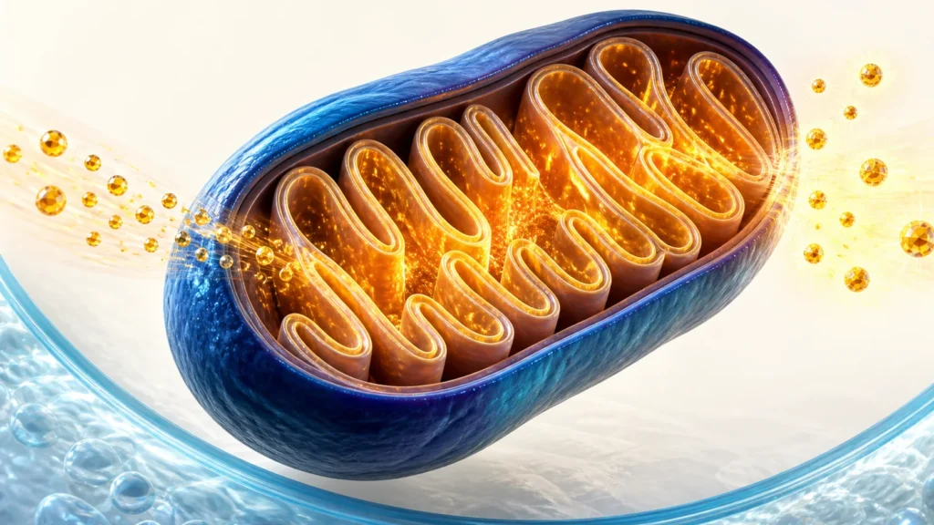 A mitochondrion producing energy from glucose