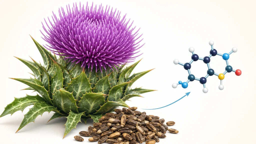 Milk thistle flower and seeds beside a model of the silymarin molecule