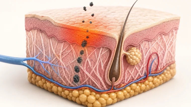 Cross-section of skin showing epidermis, dermis and toxins reaching the surface