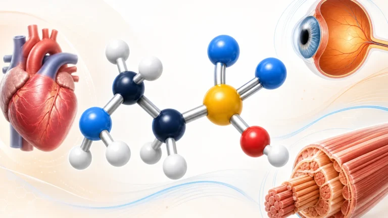 3D model of the taurine molecule beside a heart, an eye and a skeletal muscle fibre