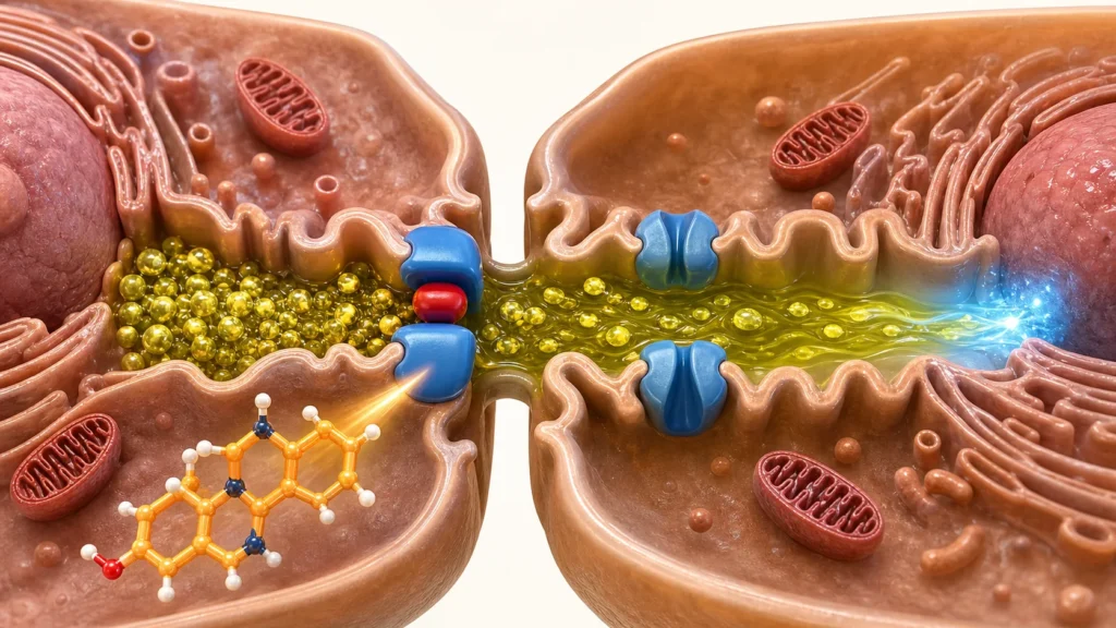 Bile canaliculus between two liver cells with bile flow blocked at a transport protein