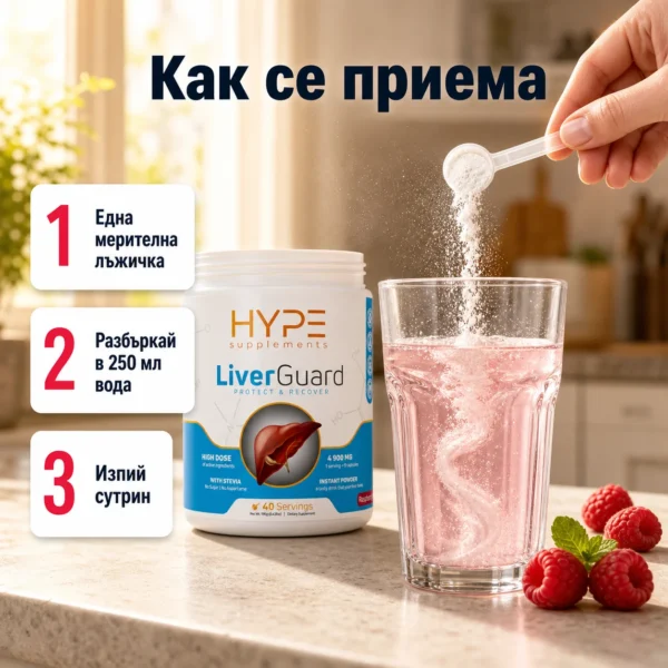 Как се приема LiverGuard — една мерителна лъжичка в 250 мл вода сутрин