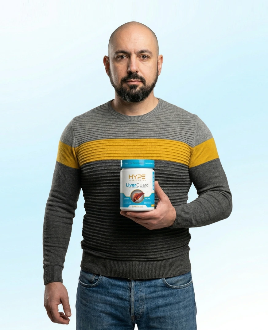 Kiril Iliev, founder of HYPE, holding a container of LiverGuard