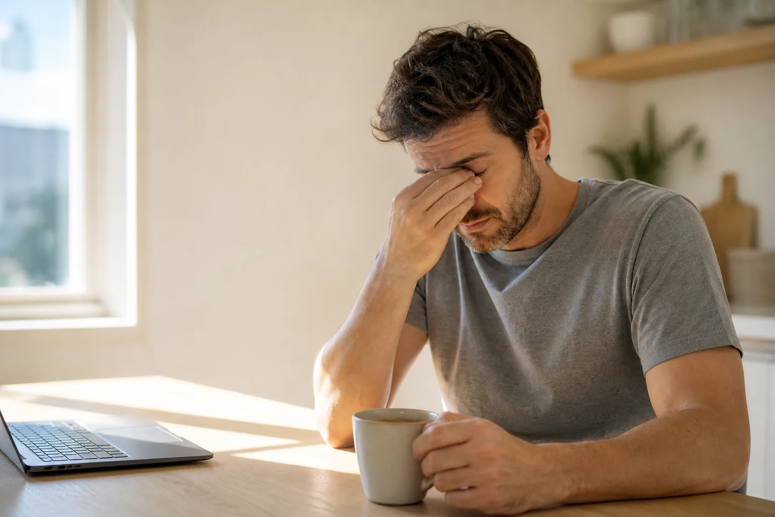 A man in his forties, tired at the kitchen table before lunch