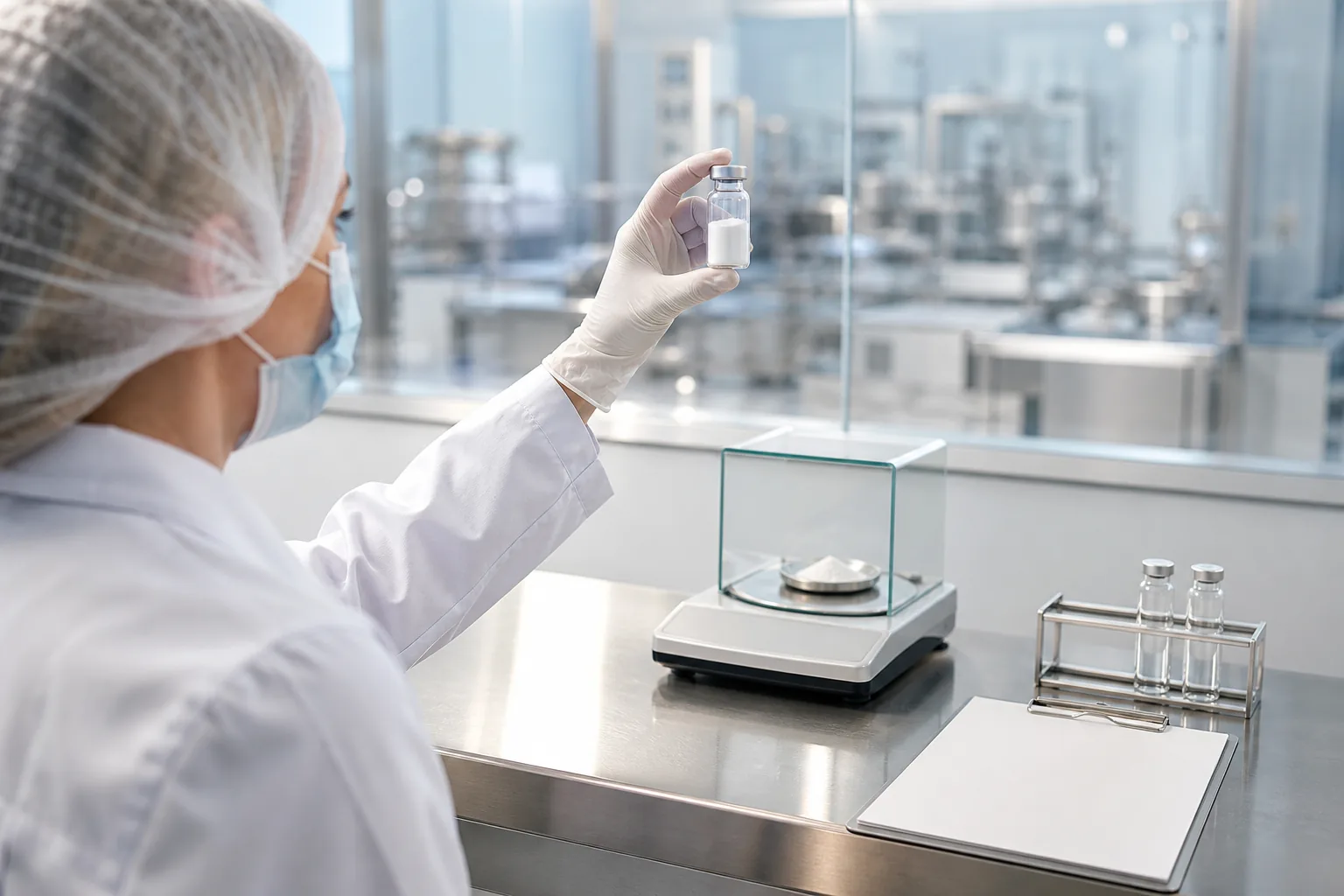 A technician checking a raw-material sample in a GMP laboratory