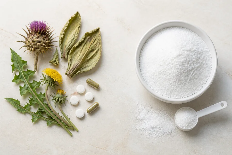 Herbs and capsules next to the lipotropic powder formula