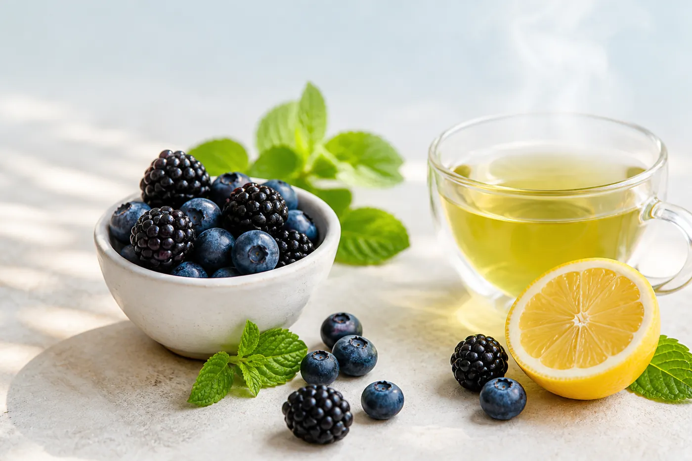 Blueberries, blackberries, green tea and lemon — antioxidant defence