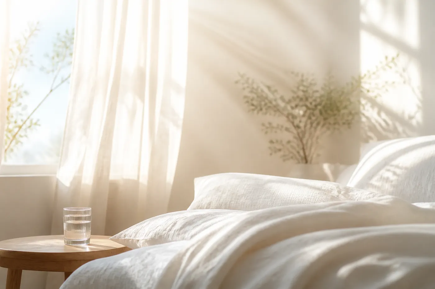 Sunlit morning bedroom — waking up with energy, not exhaustion