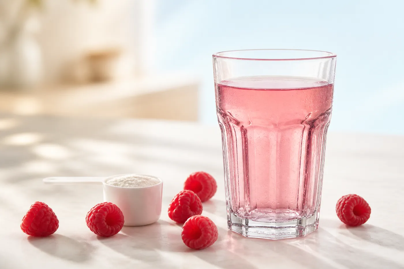 A glass of raspberry LiverGuard and a measuring scoop on a kitchen counter