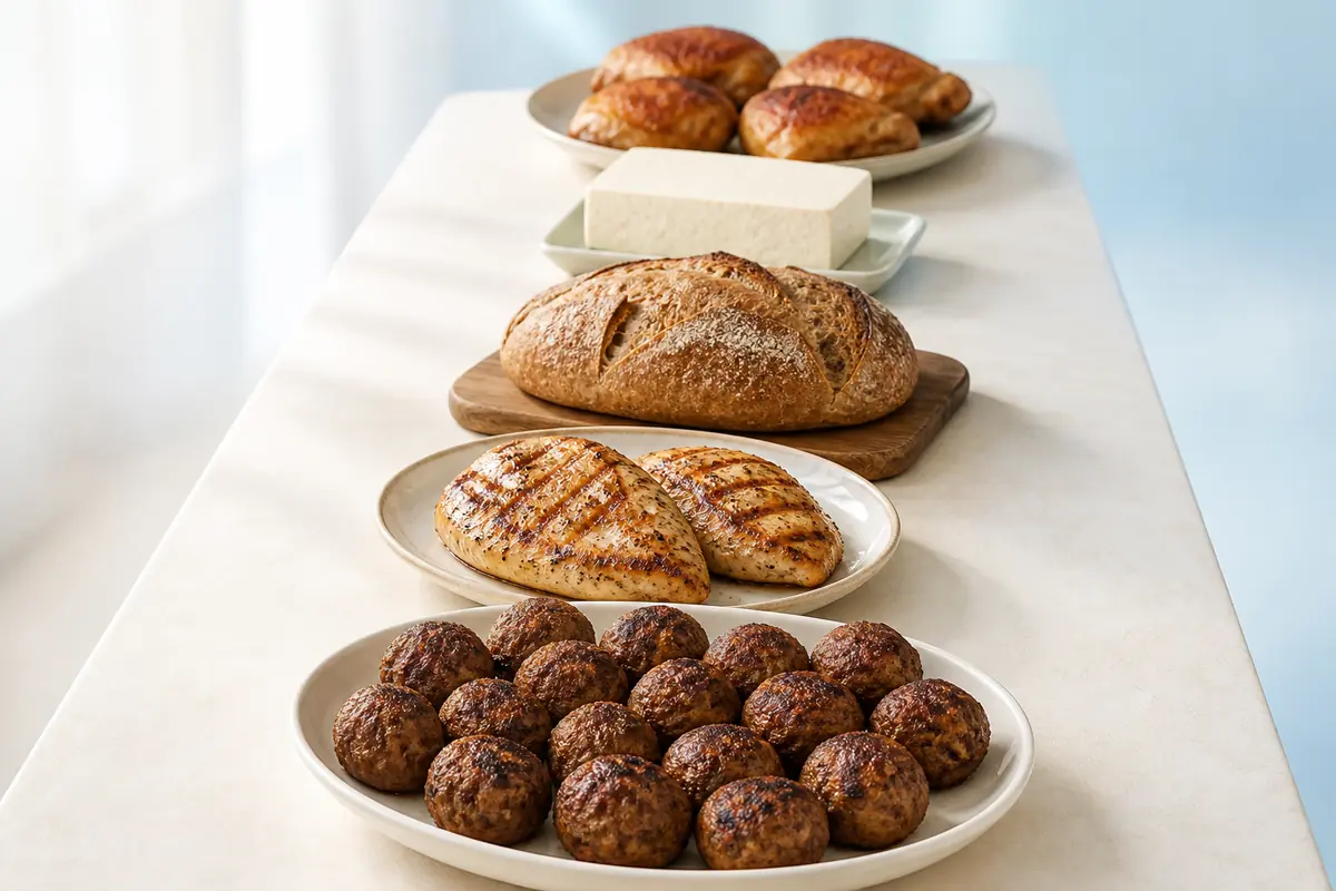 A single day of food: bread, tofu, chicken breasts, meatballs and chicken thighs