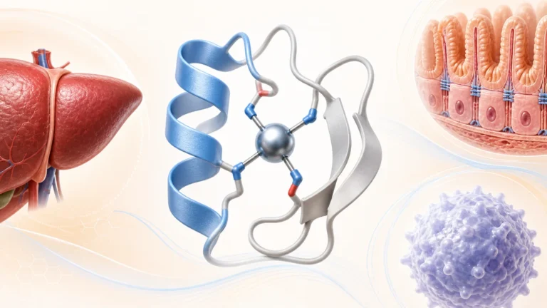 3D illustration of a zinc-finger protein holding a zinc ion, beside a human liver, intestinal lining and an immune cell