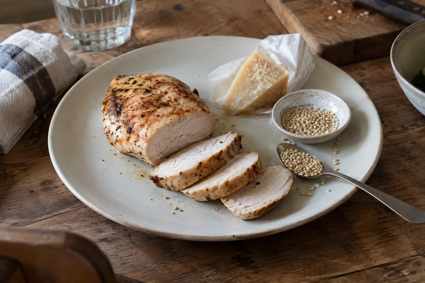 Chicken breast, hard cheese and sesame seeds