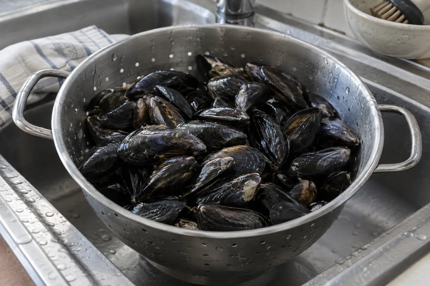 Fresh mussels in a kitchen colander