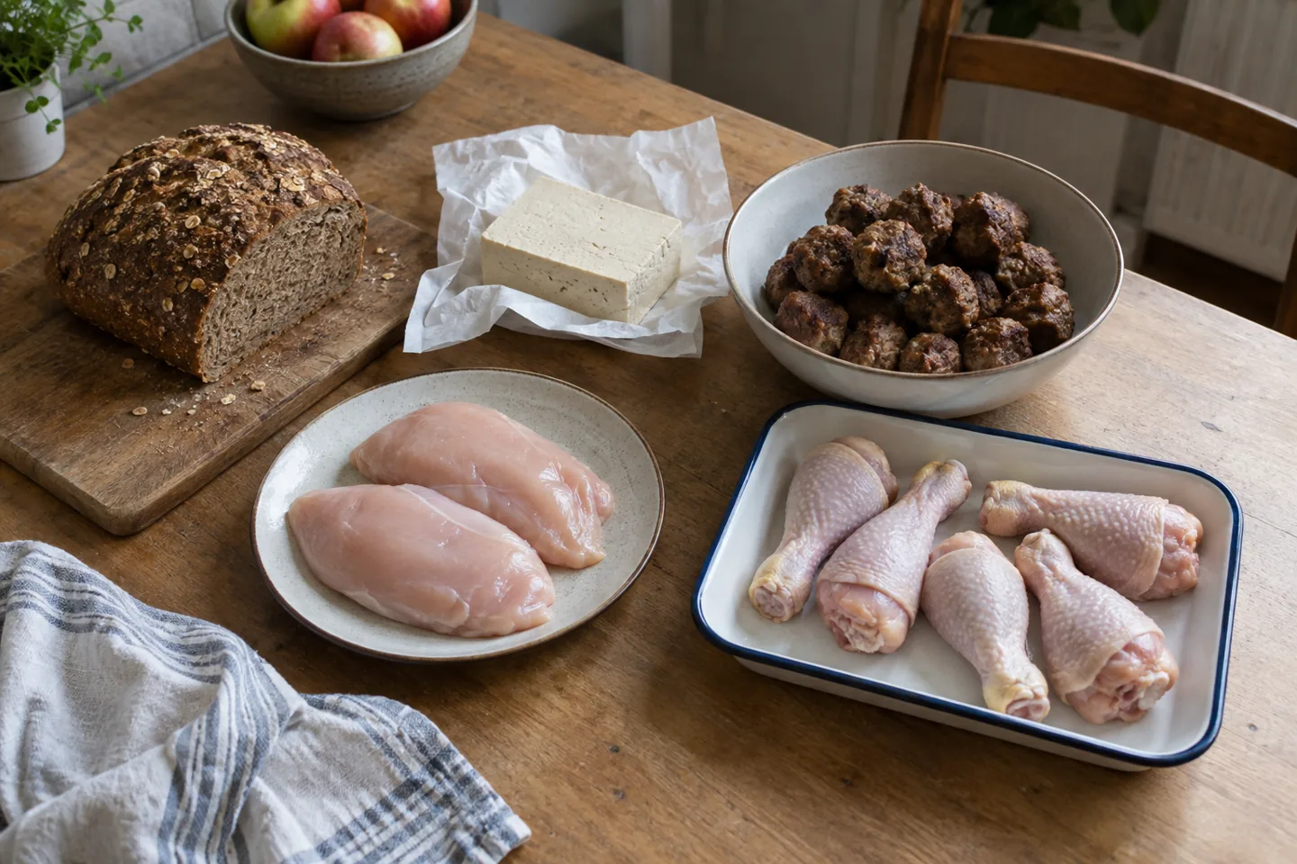 Bread, tofu, chicken breasts, meatballs and chicken drumsticks