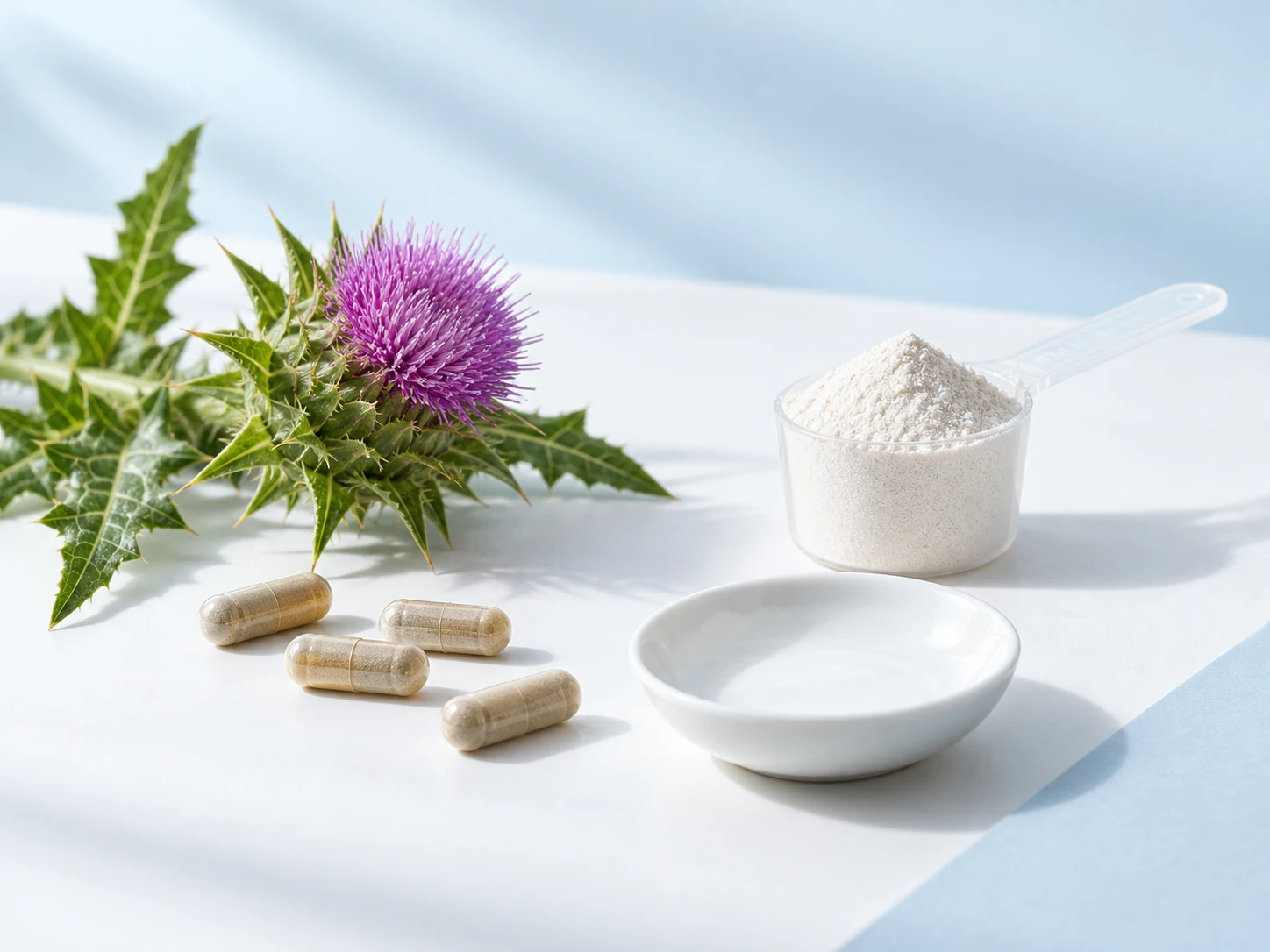 Herbs and capsules next to the lipotropic powder formula
