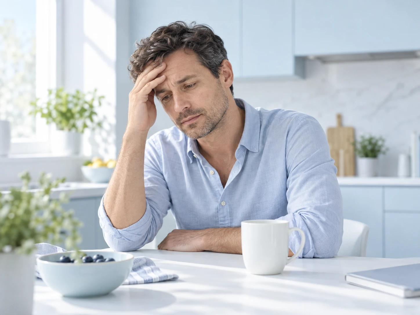 A man in his forties, tired at the kitchen table before lunch