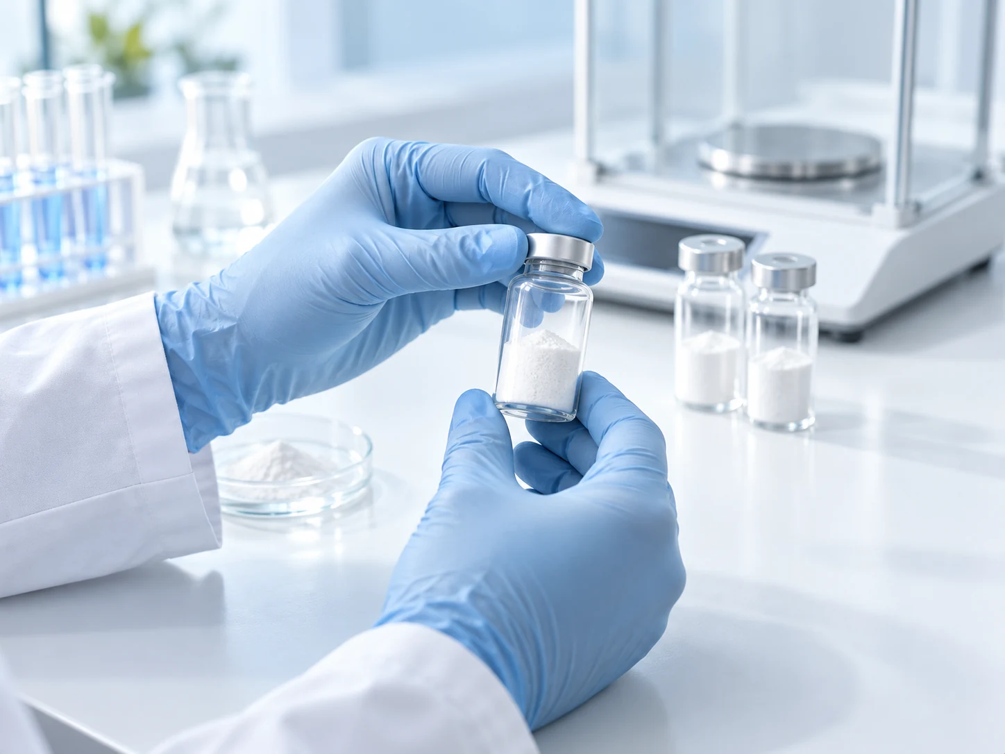 A technician checking a raw-material sample in a GMP laboratory