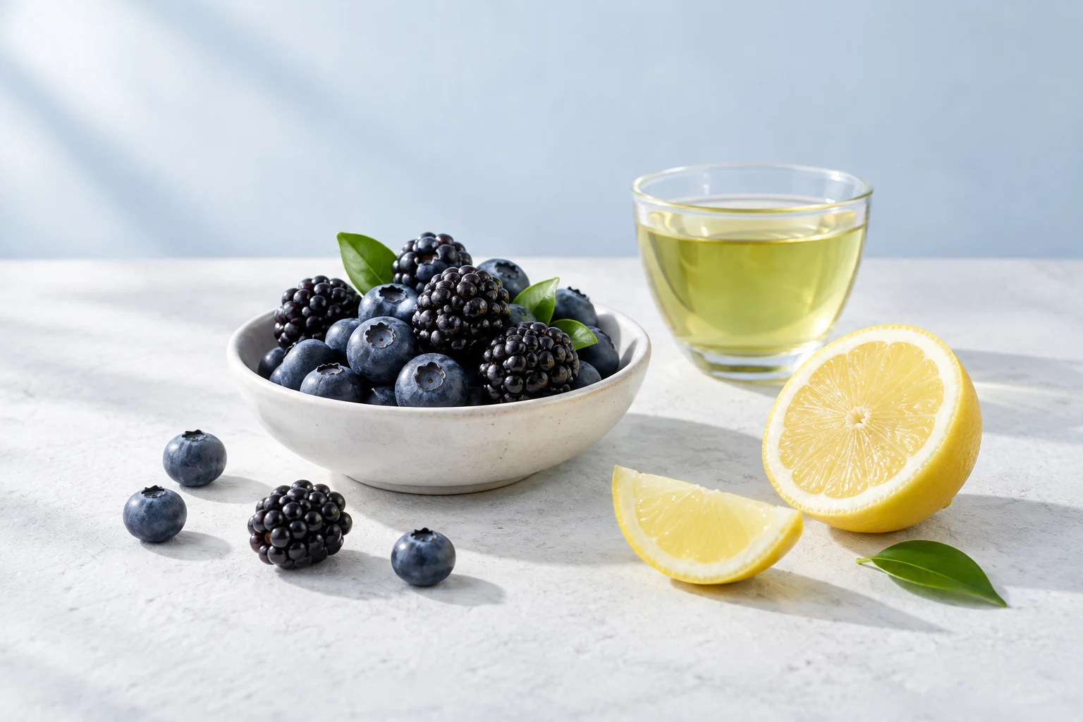 Blueberries, blackberries, green tea and lemon — antioxidant defence