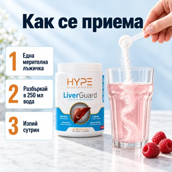 Как се приема · 1 · Една мерителна лъжичка · 2 · Разбъркай в 250 мл вода · 3 · Изпий сутрин