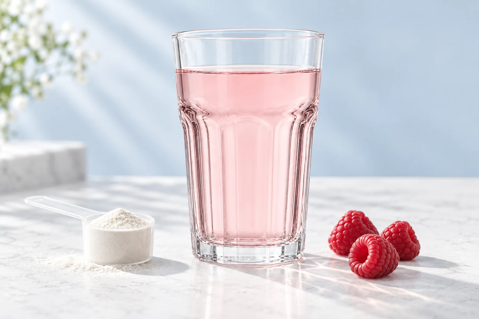 A glass of raspberry LiverGuard and a measuring scoop on a kitchen counter