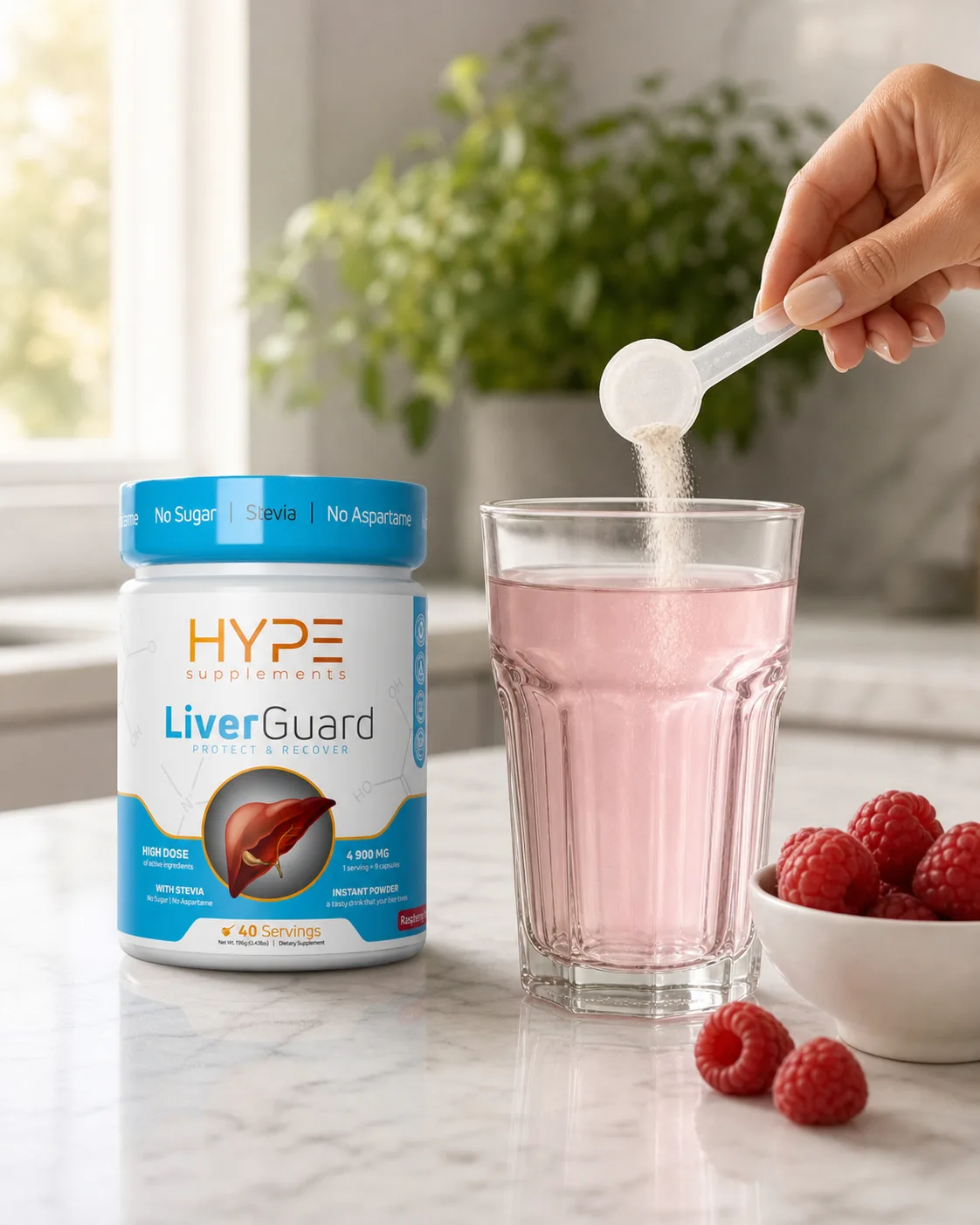 Лъжичка LiverGuard, изсипвана в чаша вода